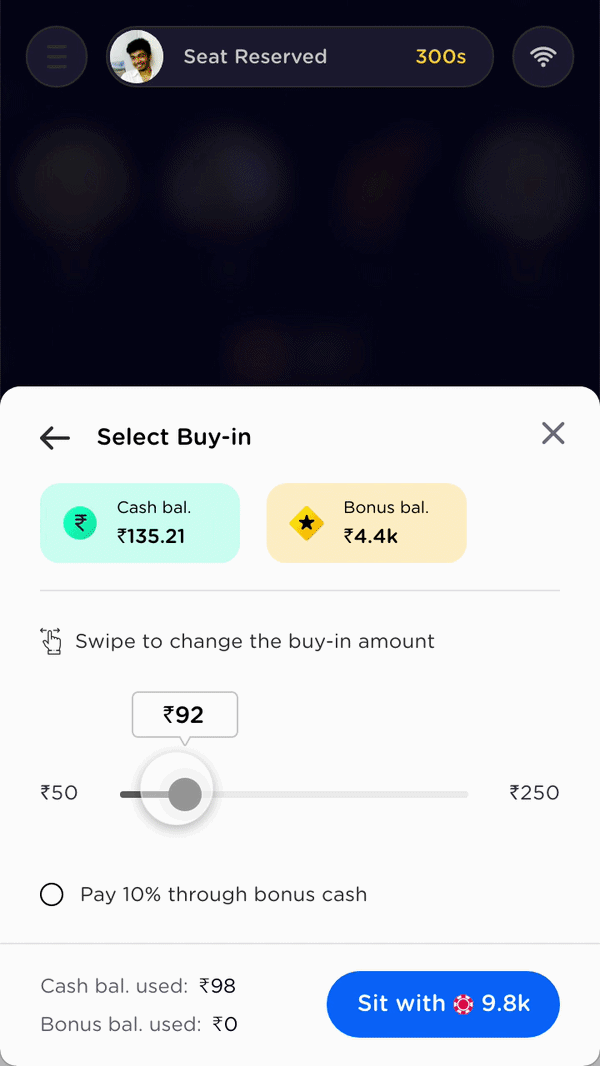 Animated custom buy-in slider interaction