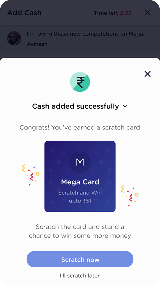 Scratch card earned bottom sheet