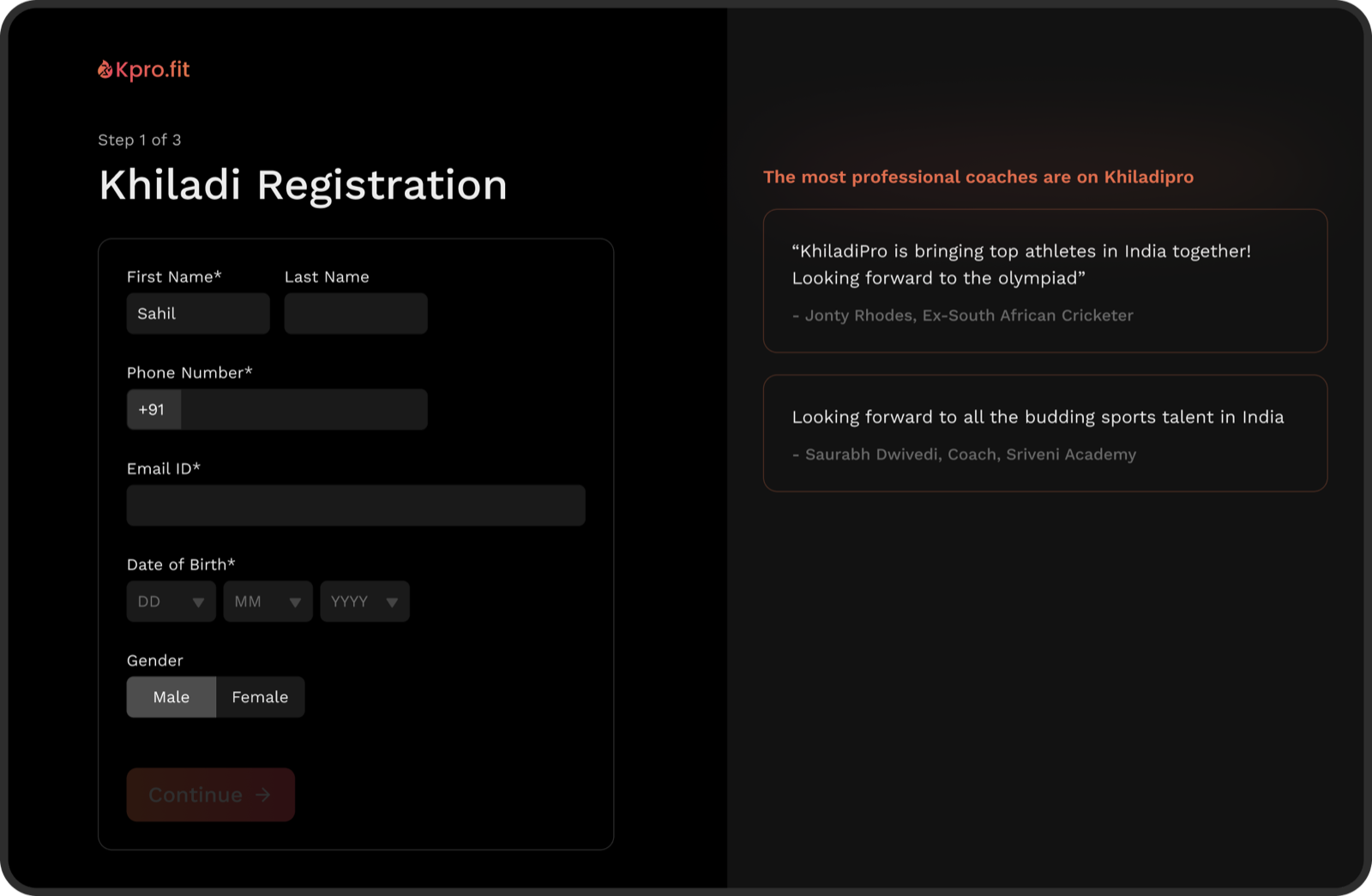 Registration flow step 1 with testimonials beside the form