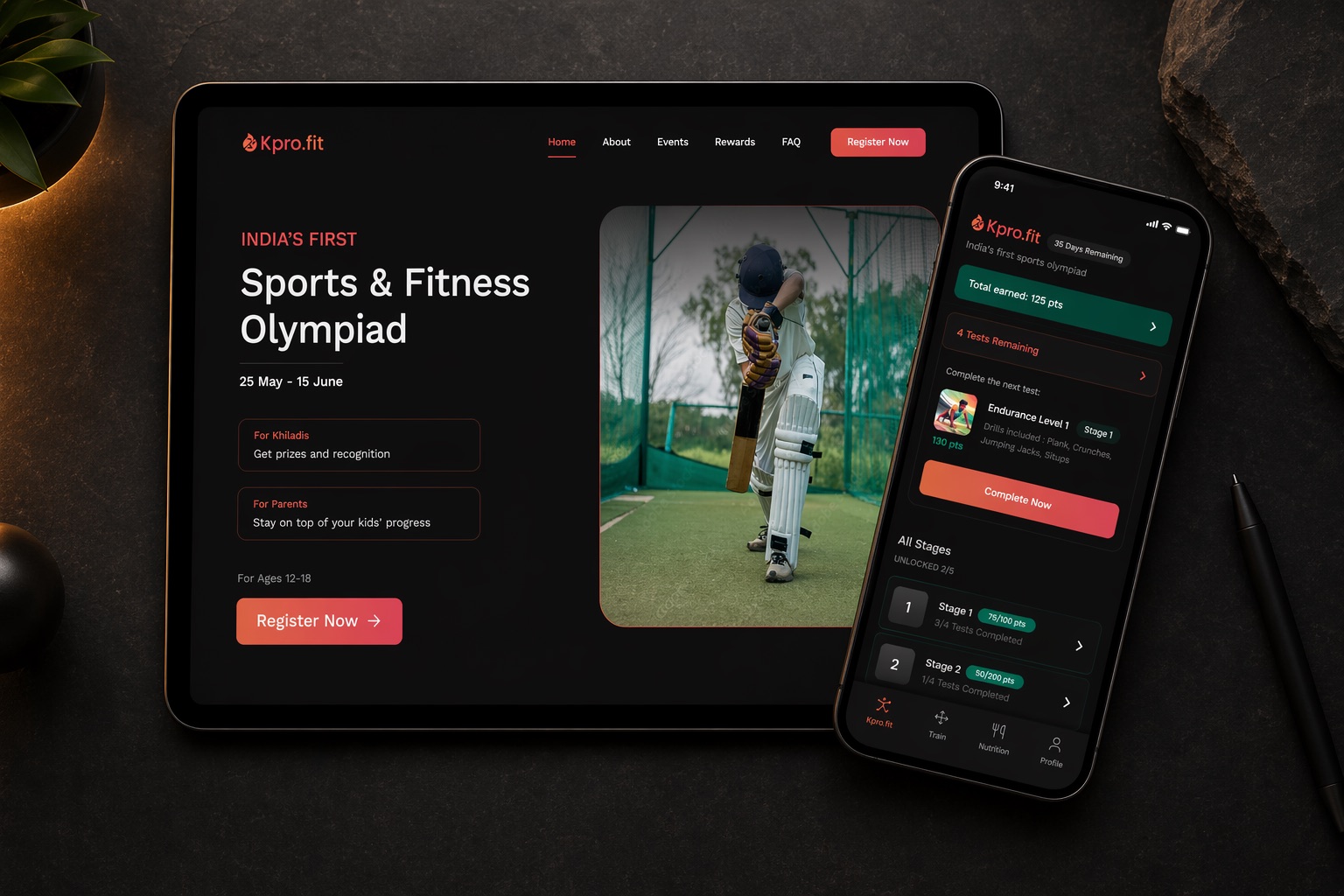The Khiladipro olympiad landing page and mobile app