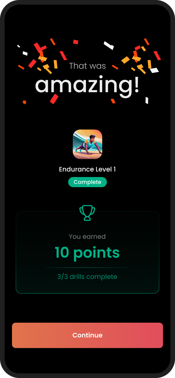 Celebratory end screen with confetti and points won