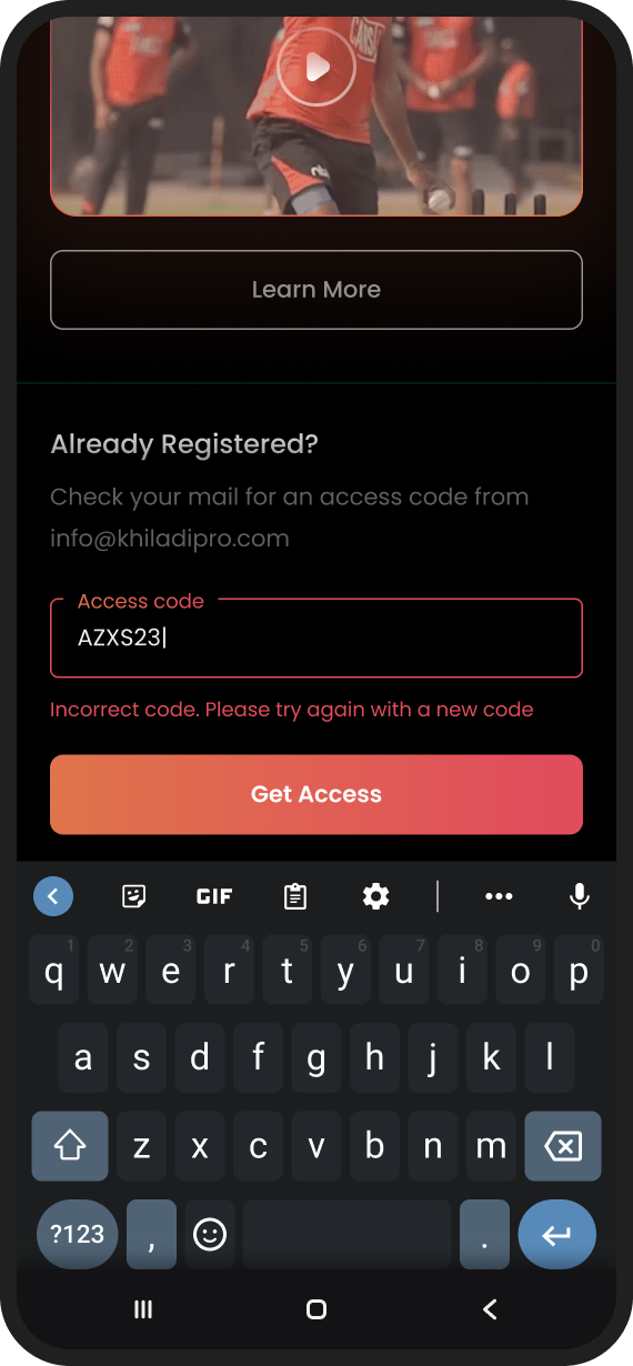 Error state for an invalid access code