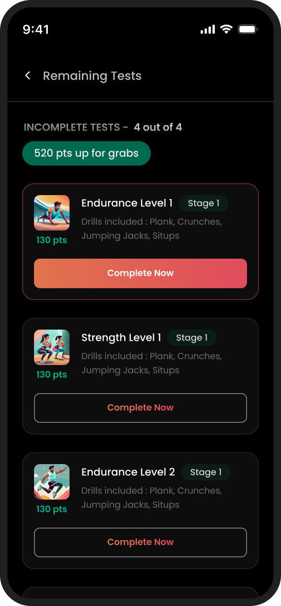 Remaining tests screen