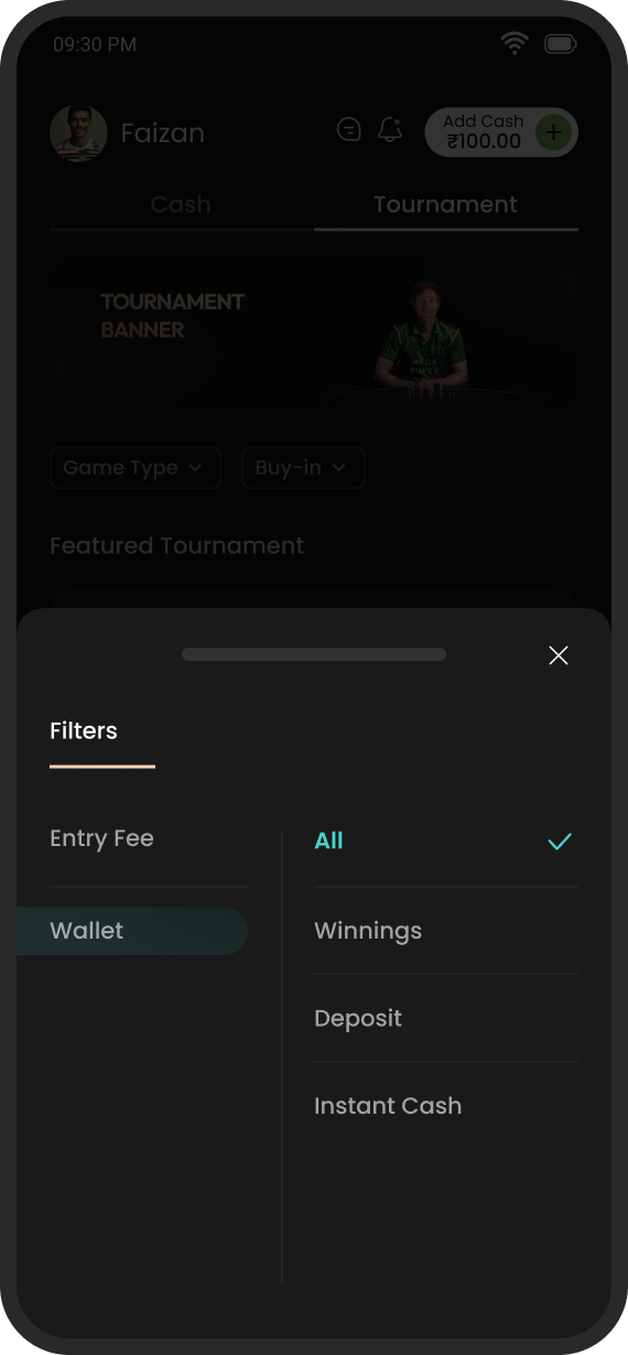 Tournament filters bottom sheet with entry fee and wallet type facets