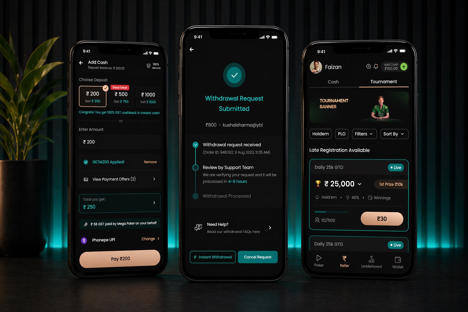 Add cash, withdrawal, and tournament screens from the Mega Poker redesign
