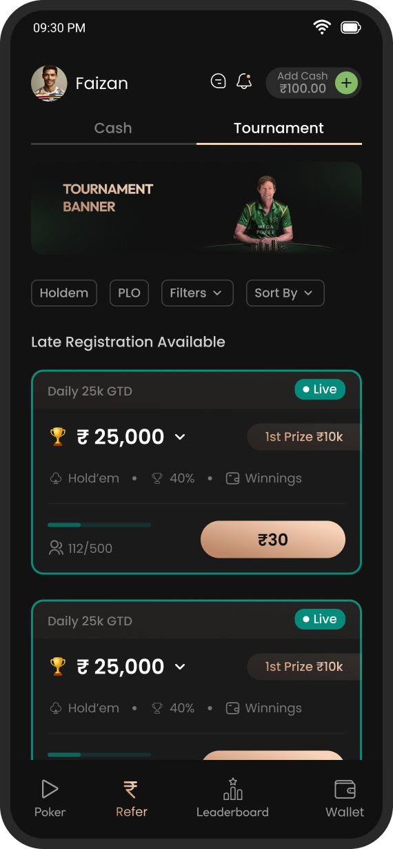 The redesigned tournament tab with rich cards, filters, and entry fees on the buttons