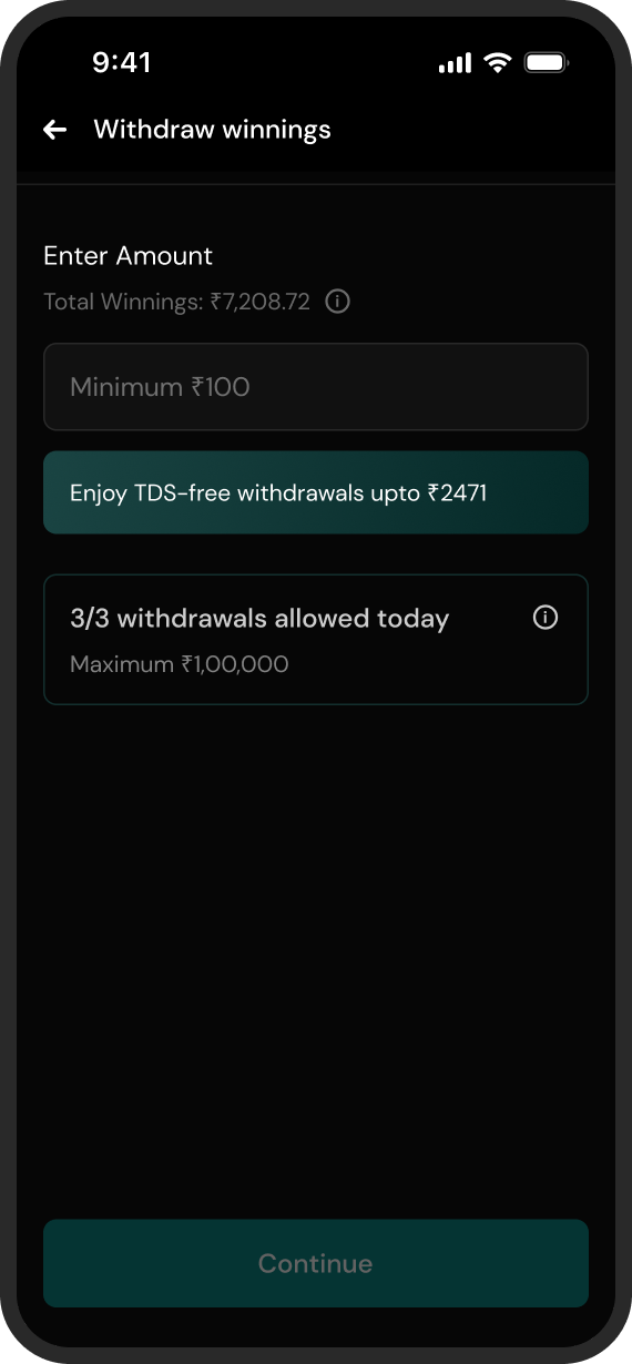 Withdraw winnings screen showing the TDS-free allowance and daily limits