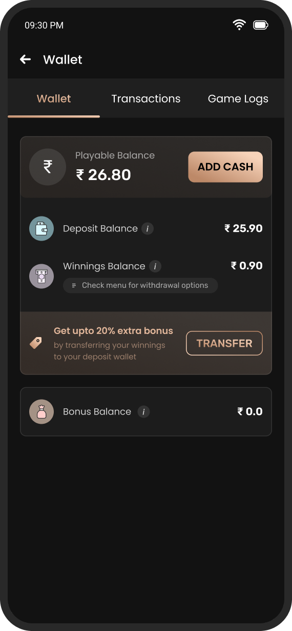Wallet page with the three balances and a transfer bonus banner