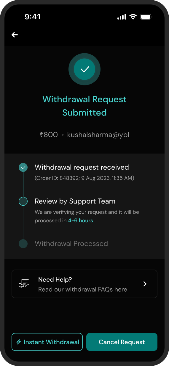 Withdrawal request submitted screen with a three-stage progress tracker