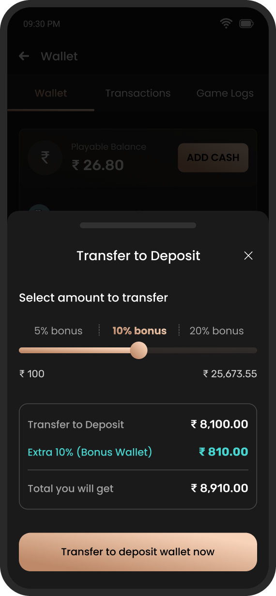 Transfer bottom sheet with a slider and tiered bonus levels