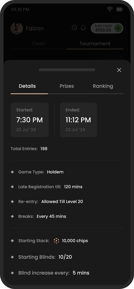 Completed tournament details sheet with times, entries, and structure