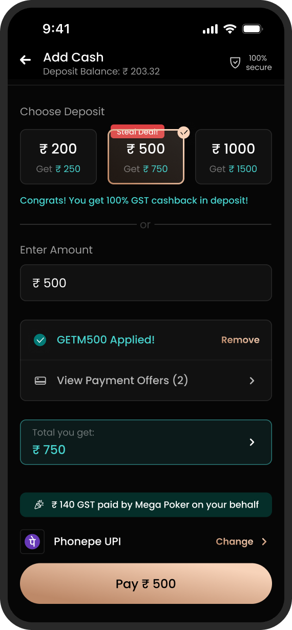 Add cash screen with a 500 rupee deposit selected and the bonus payoff shown