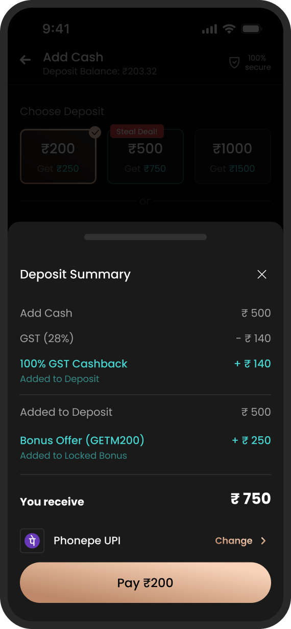 Deposit summary bottom sheet itemising GST, cashback, and bonus lines