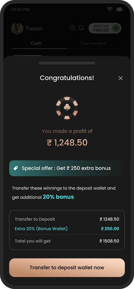 Leave-table bottom sheet celebrating a profit and offering a transfer bonus