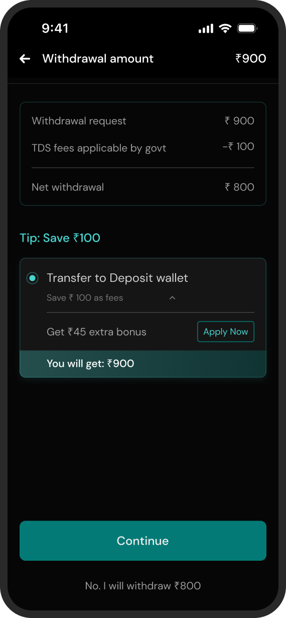 Withdrawal amount screen with a transfer counter-offer and a plain decline option